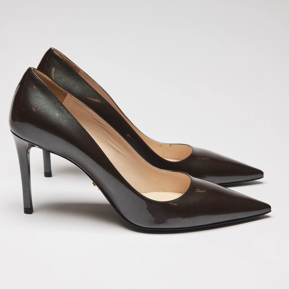 PRADA Metallic Charcoal Grey Patent Leather Point Toe Heels Size 39.5 (US 9.5)